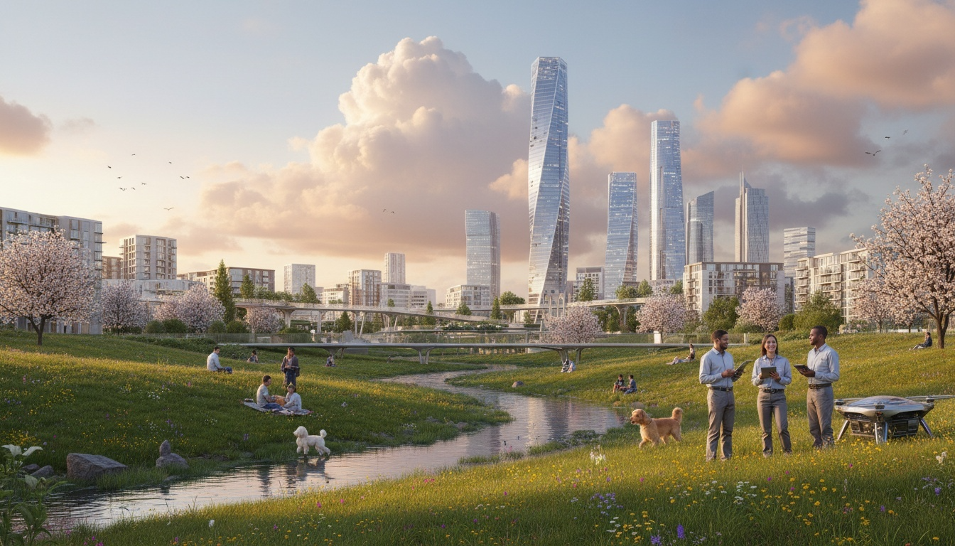 Futuristic sustainable city with green spaces